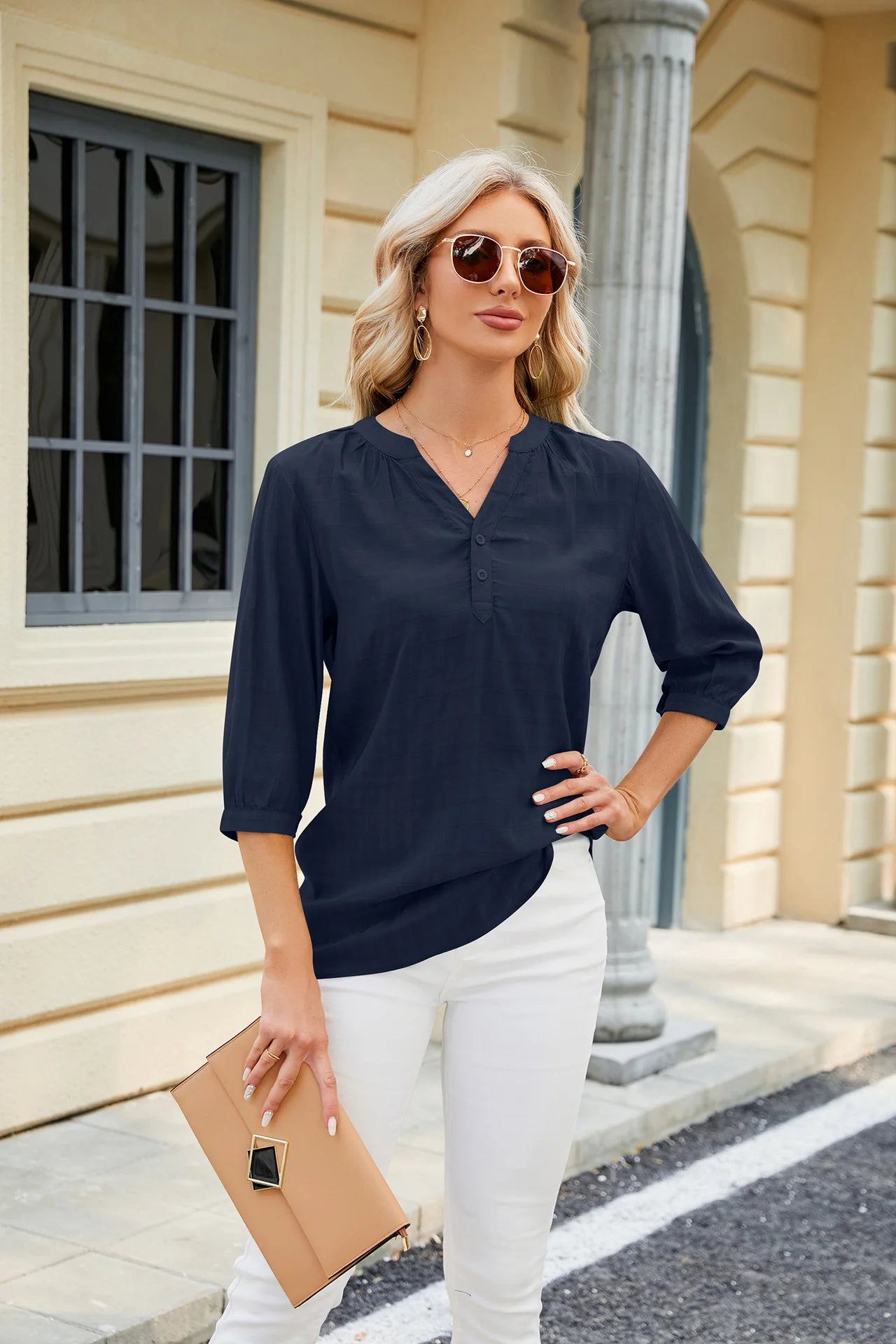V Collar Loose Five Sleeve Blouse Woman