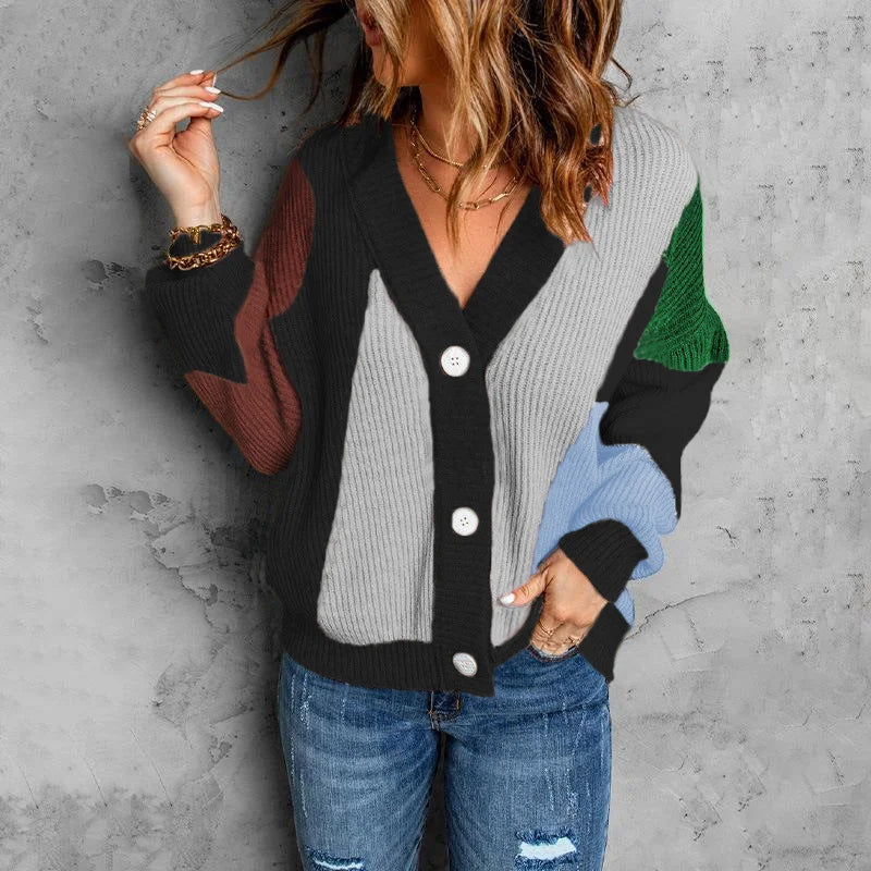 Button Blocking Color Cardigan Sweater Jacket