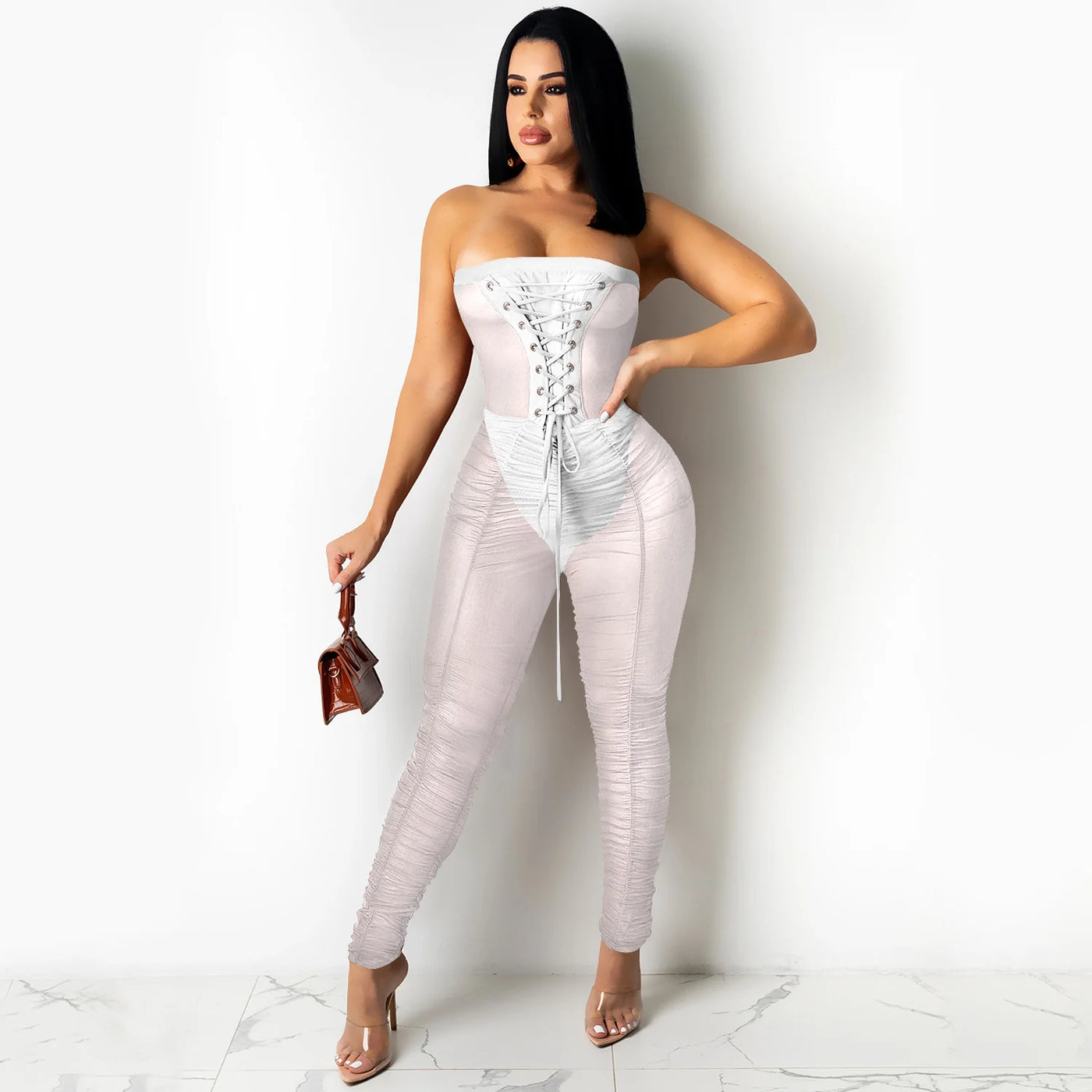 Jumpsuit With Sexy Perspective Wrapped With Long Pants