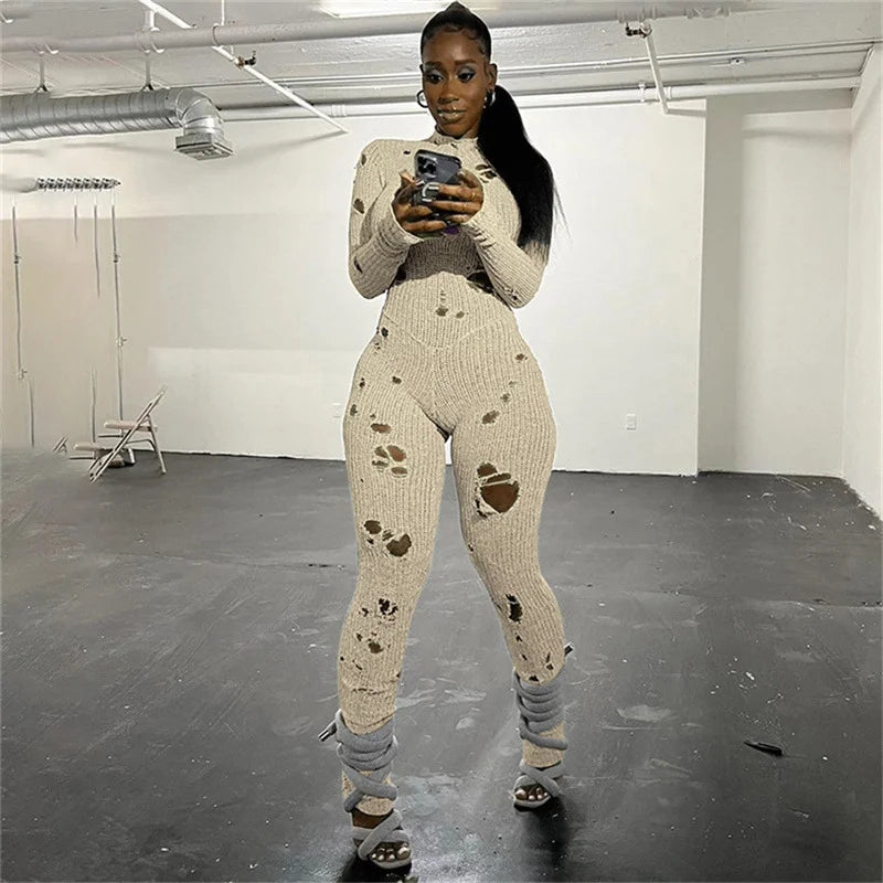 Fashion Casual Knitting Hole Hollowed Out High Waisted Pants Tights