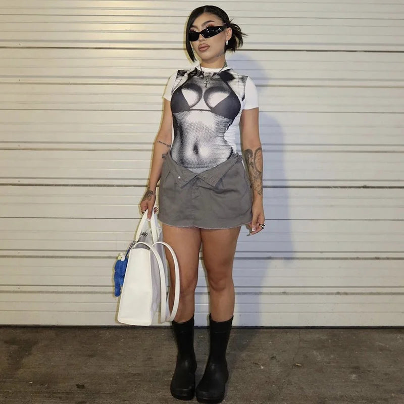 New T-Shirt 3D Body Print Slim Crew Neck Short Sleeves