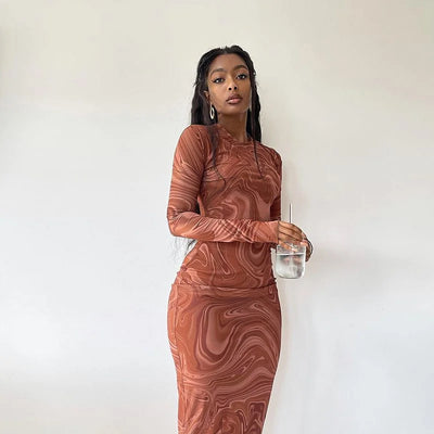 Round Neck Long Sleeve Bodycon Dress With Printed Skirt At The Hip