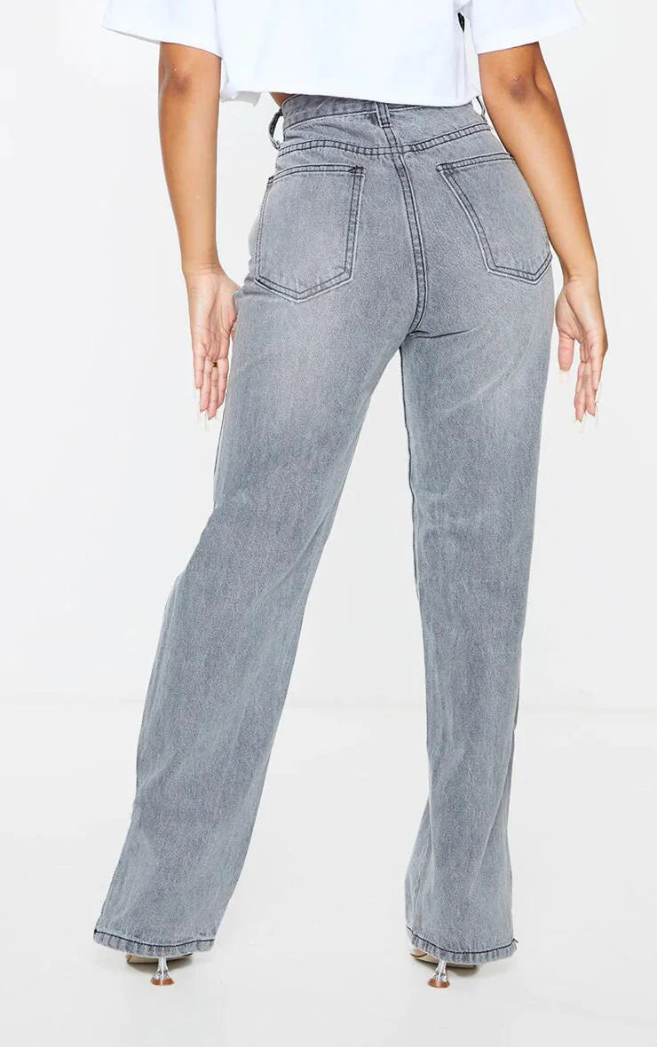 Hipster Straight Leg Jean Pants with Slit