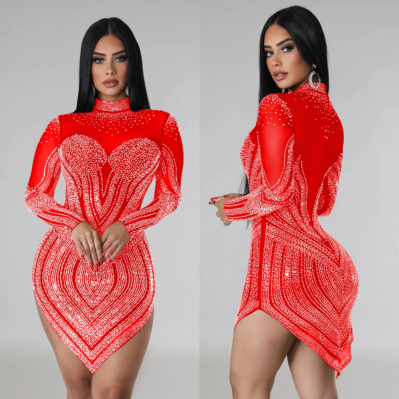 Mesh Hot Diamond Long Sleeved Short Dress