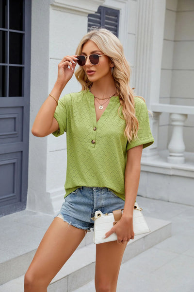 Pure Color V Collar Buttons Loose Short Sleeved T-Shirt Blouse