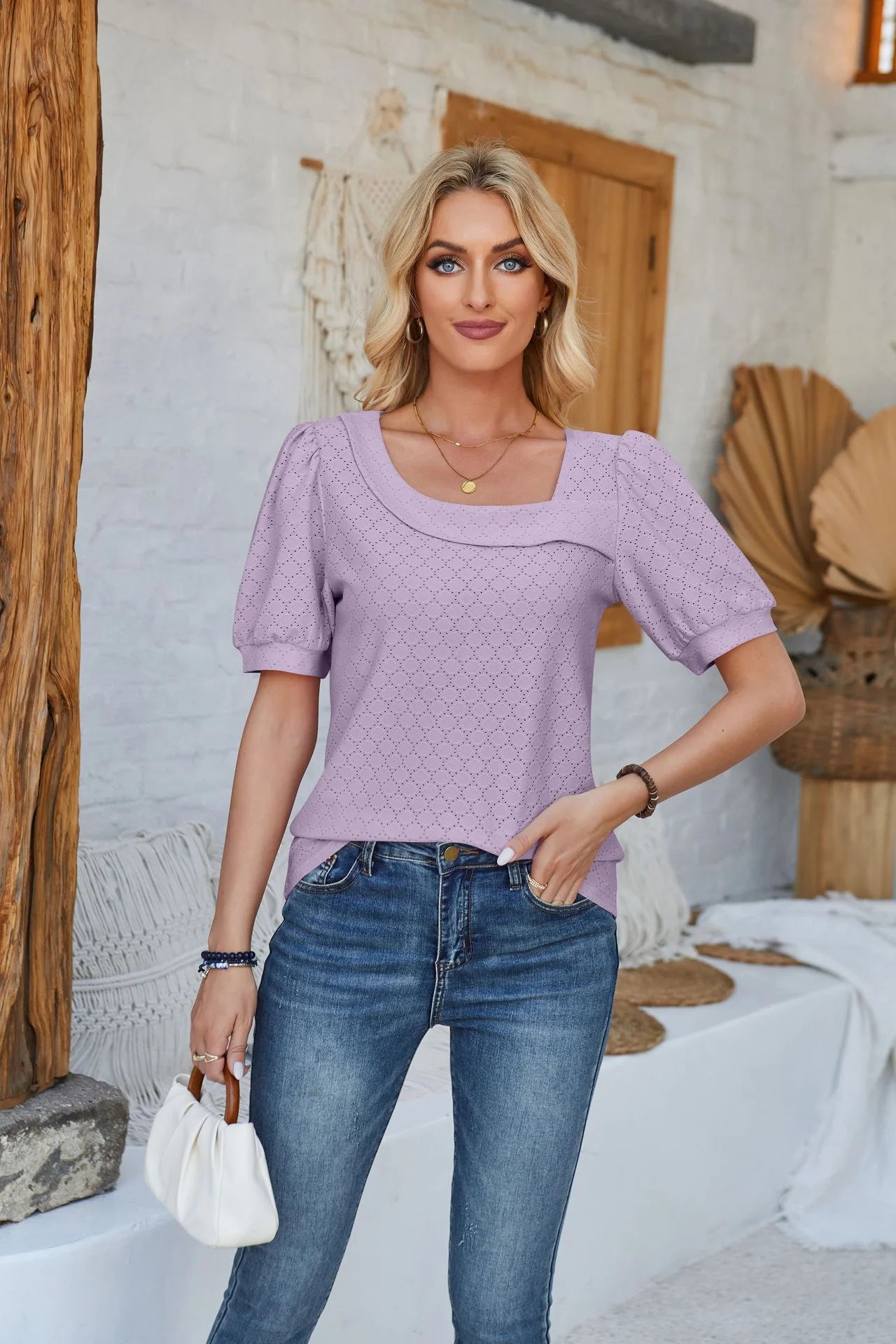 Bubble Sleeve U Neck Loose Casual Blouse