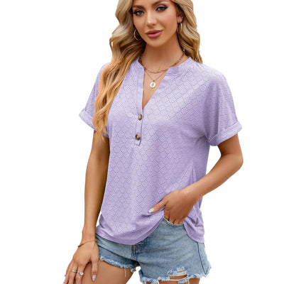 Pure Color V Collar Buttons Loose Short Sleeved T-Shirt Blouse