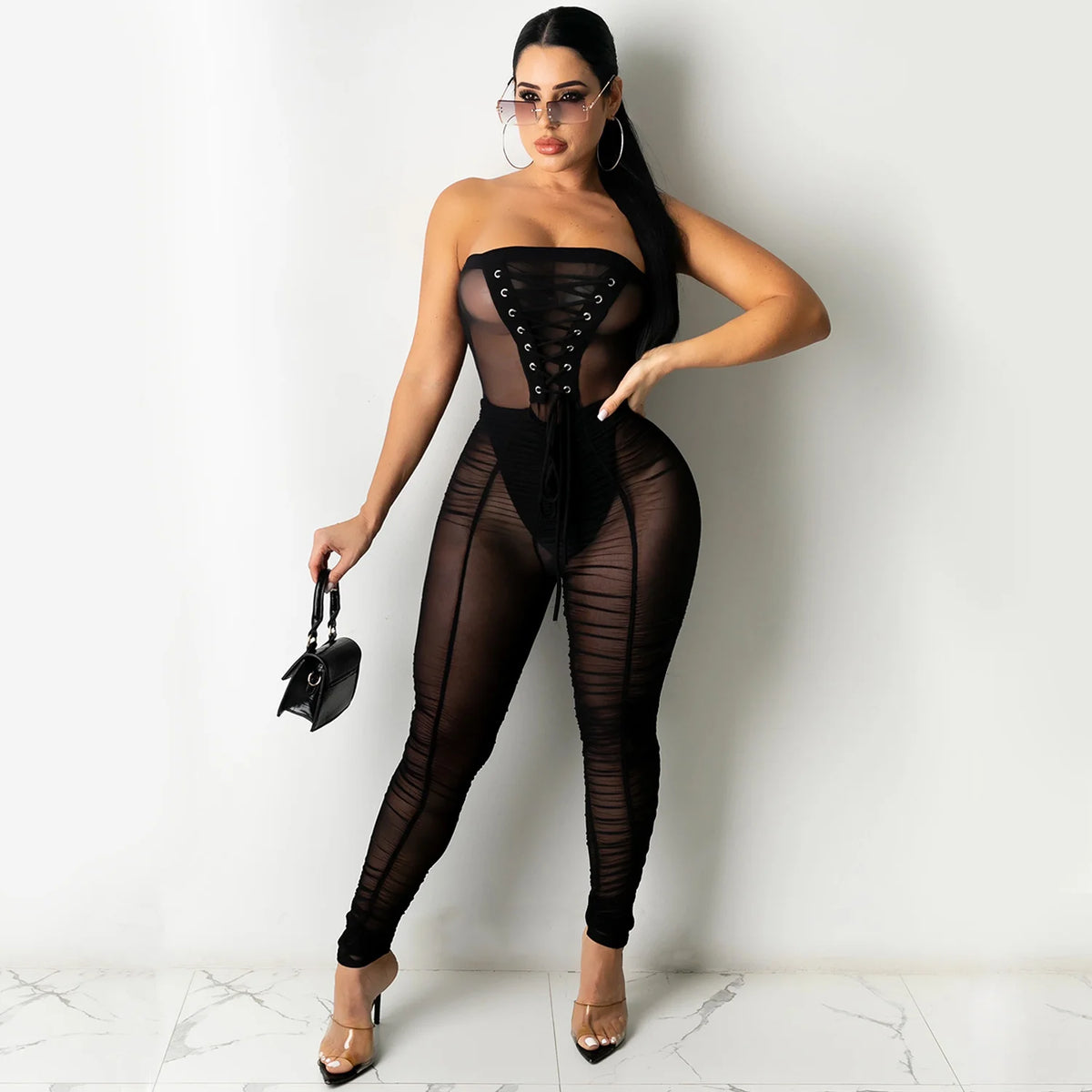 Jumpsuit With Sexy Perspective Wrapped With Long Pants