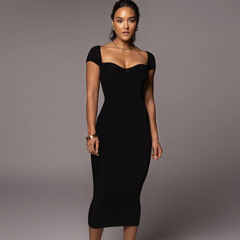One Line Collar Ribbed Long Slim Fit Dress