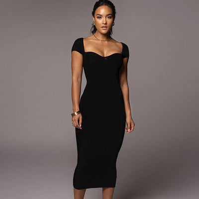 One Line Collar Ribbed Long Slim Fit Dress