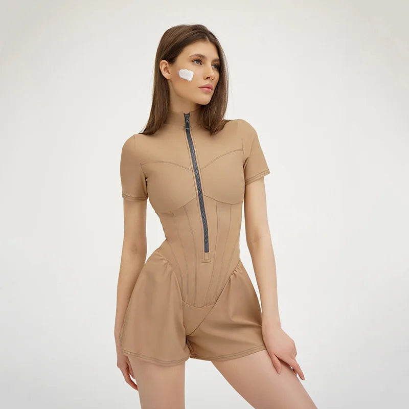 Tight Short Skirt One Piece Round Neck Short Sleeve Zipper Bottom Shirt