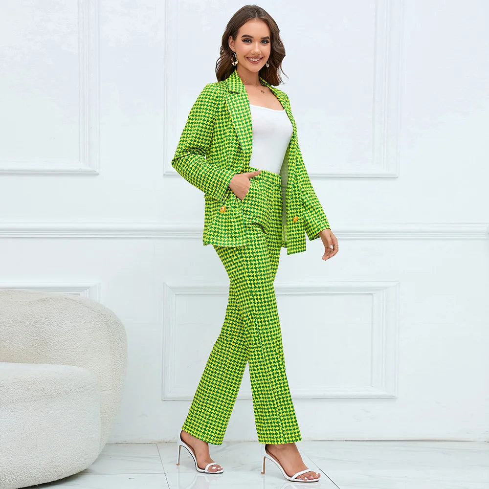 Double Breasted Houndstooth Suit Jacket And Slim Straight Trousers Suit Explosion