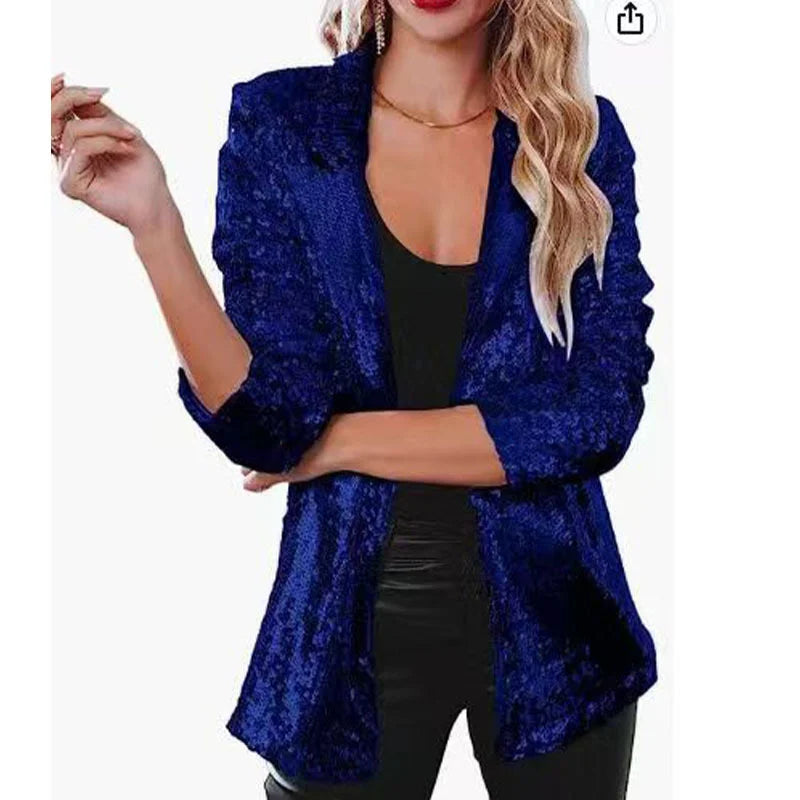 Lapel Long Sleeved Sequin Casual Suit Blazer For Women