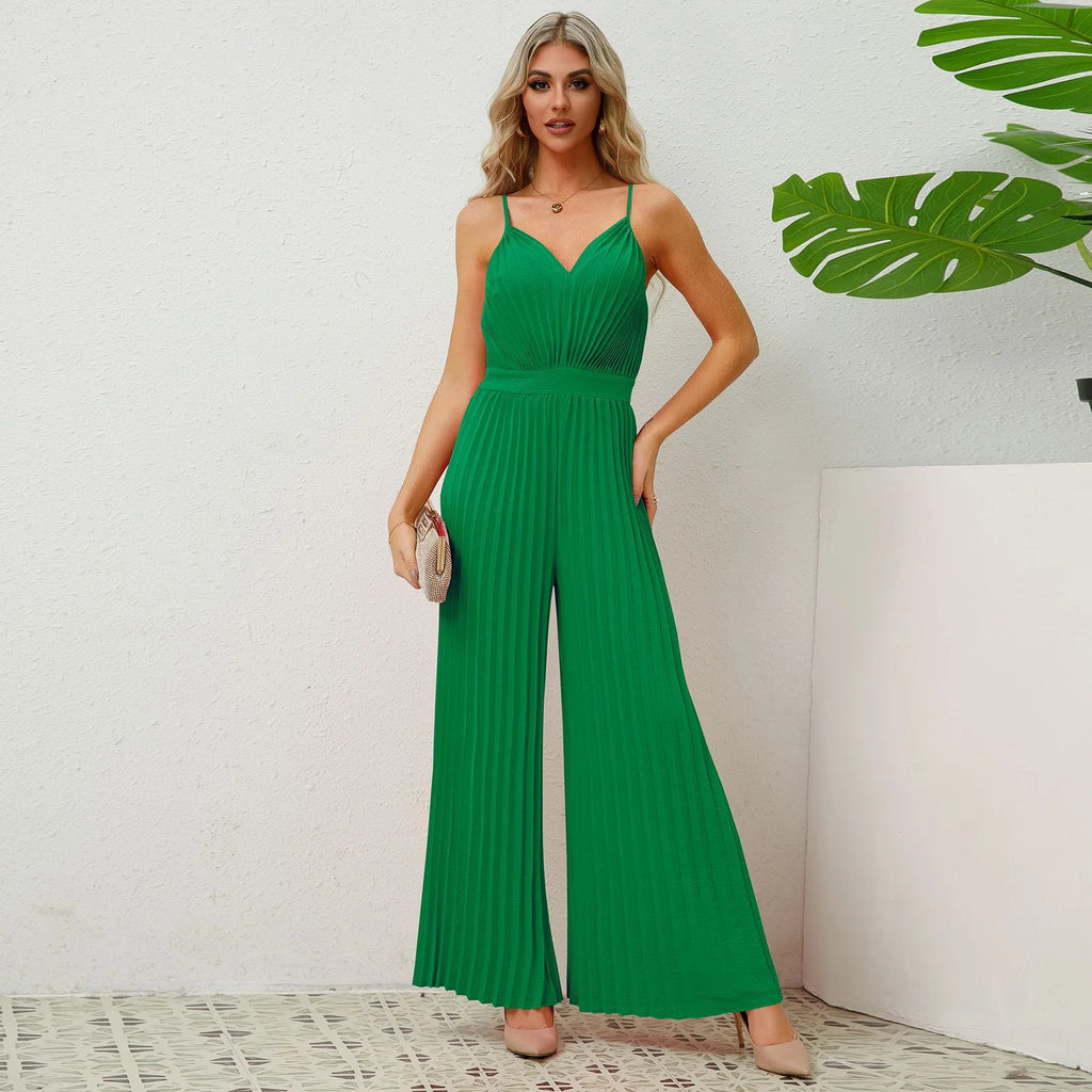 V Neck Sling Pleated One Piece Pants