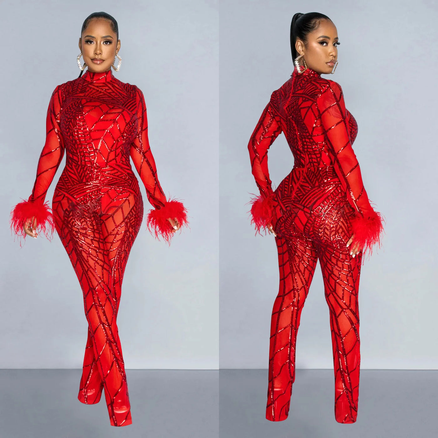 Mesh Feather Long Sleeved Pants Two Piece Set