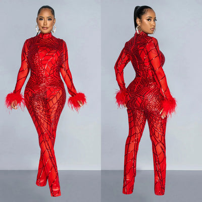 Mesh Feather Long Sleeved Pants Two Piece Set