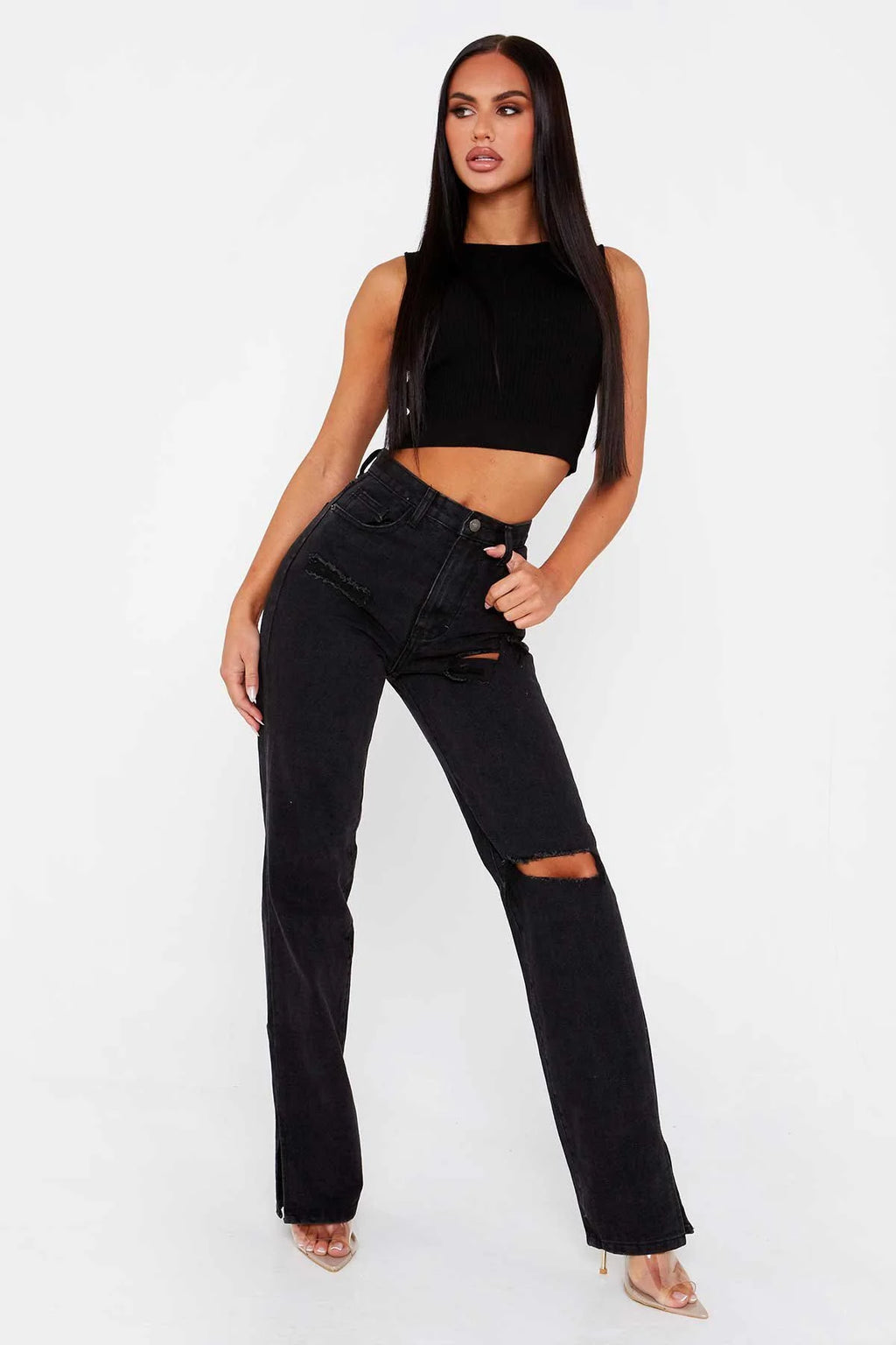 Hipster Straight Leg Jean Pants with Slit