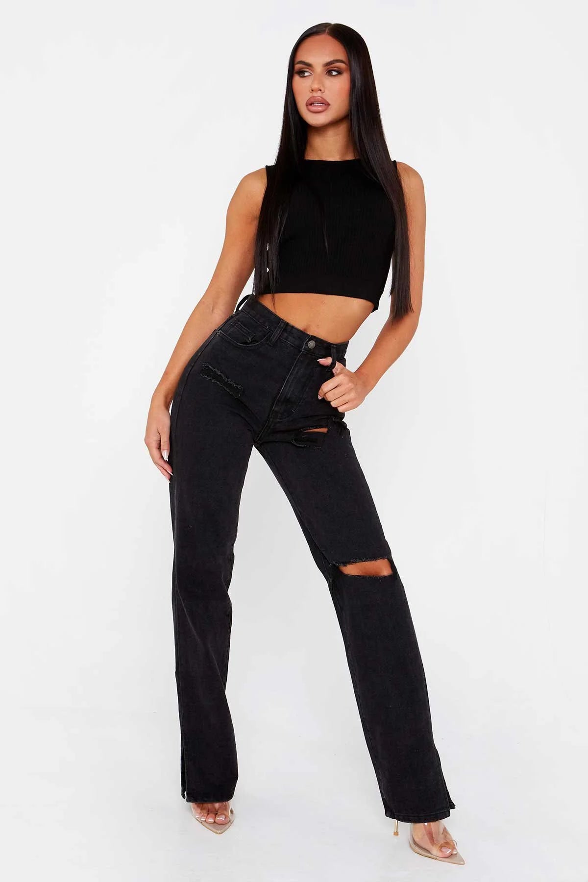 Hipster Straight Leg Jean Pants with Slit