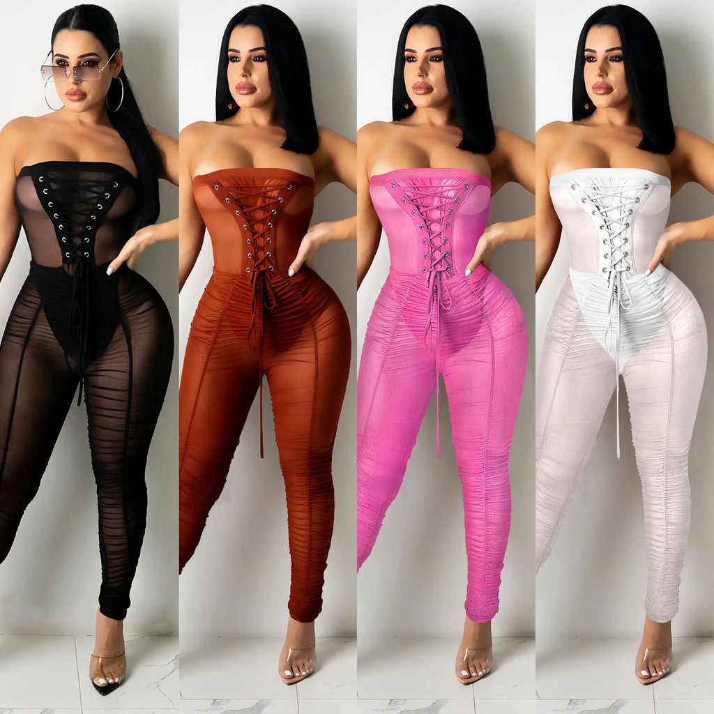 Jumpsuit With Sexy Perspective Wrapped With Long Pants