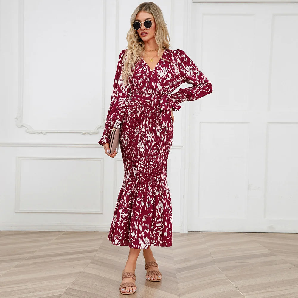 V Neck Belt Print Skirt Long Tail Dress