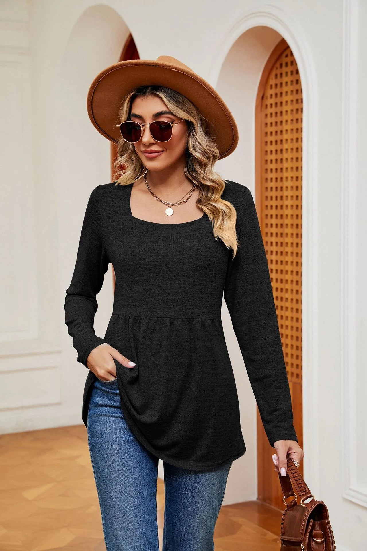 Square Neck Long Sleeve Blouse