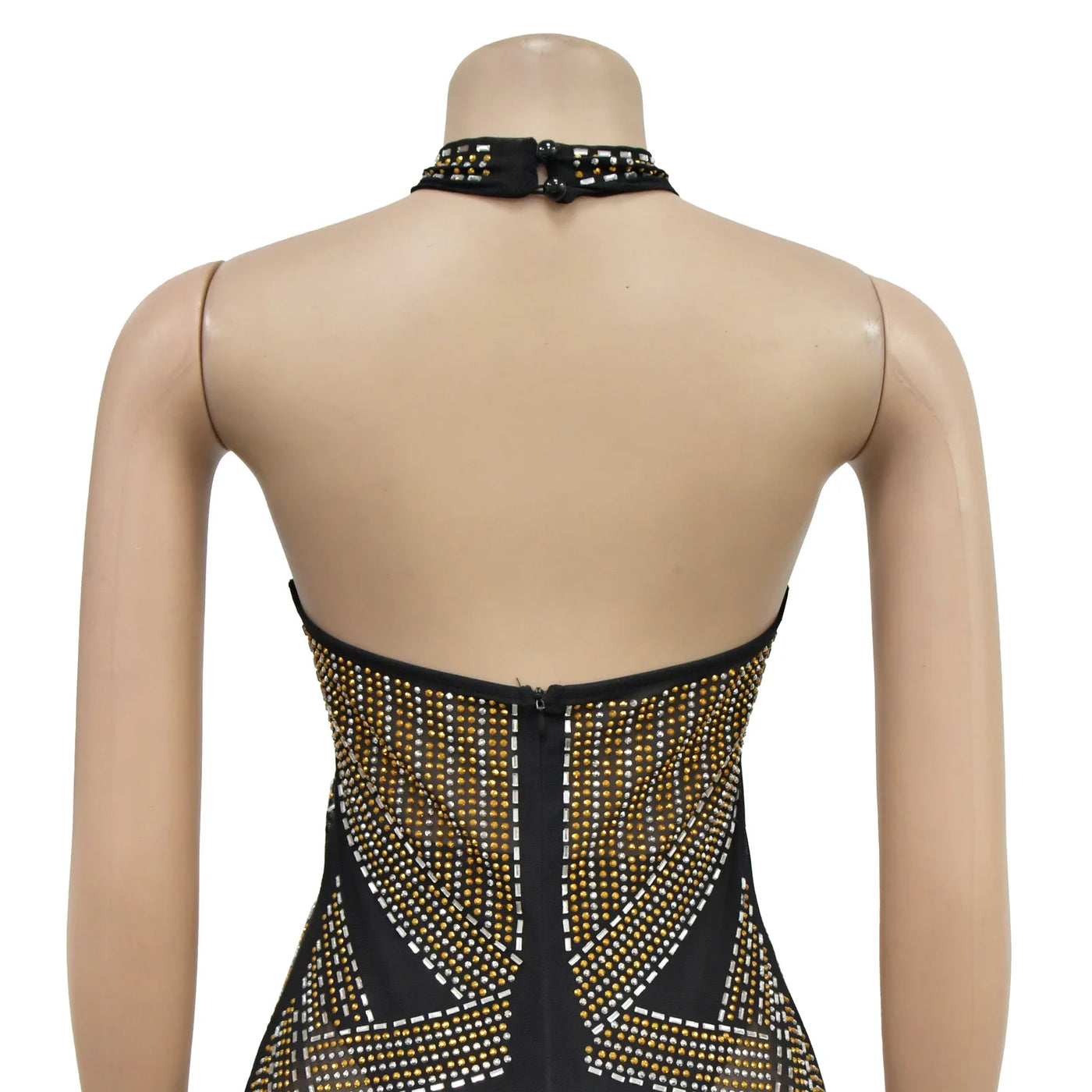 Mesh Hot Diamond Hanging Neck Long Dress