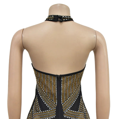 Mesh Hot Diamond Hanging Neck Long Dress