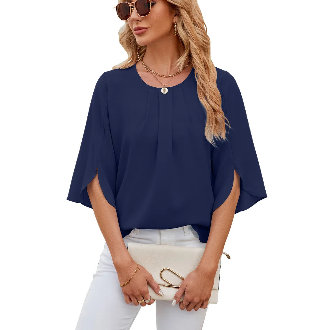 Solid Color Round Collar Five Short Sleeved Loose Chiffon Blouse