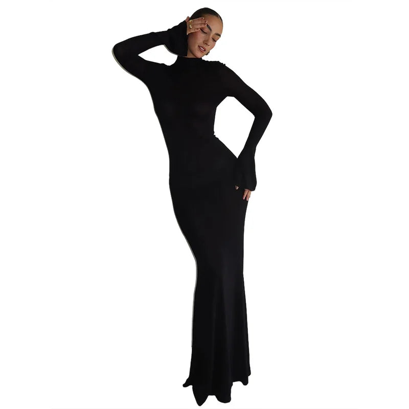 Women’s Fashion Round Neck Long Sleeve Sexy Backless Slim Hip Dress