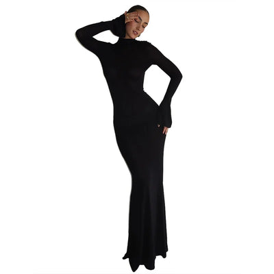 Women’s Fashion Round Neck Long Sleeve Sexy Backless Slim Hip Dress