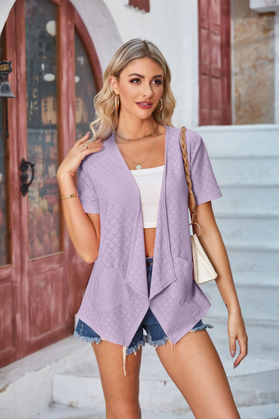 Pop Style Women’s Plain Eyelet Short Sleeved Loose Casual Pocket Cardigan