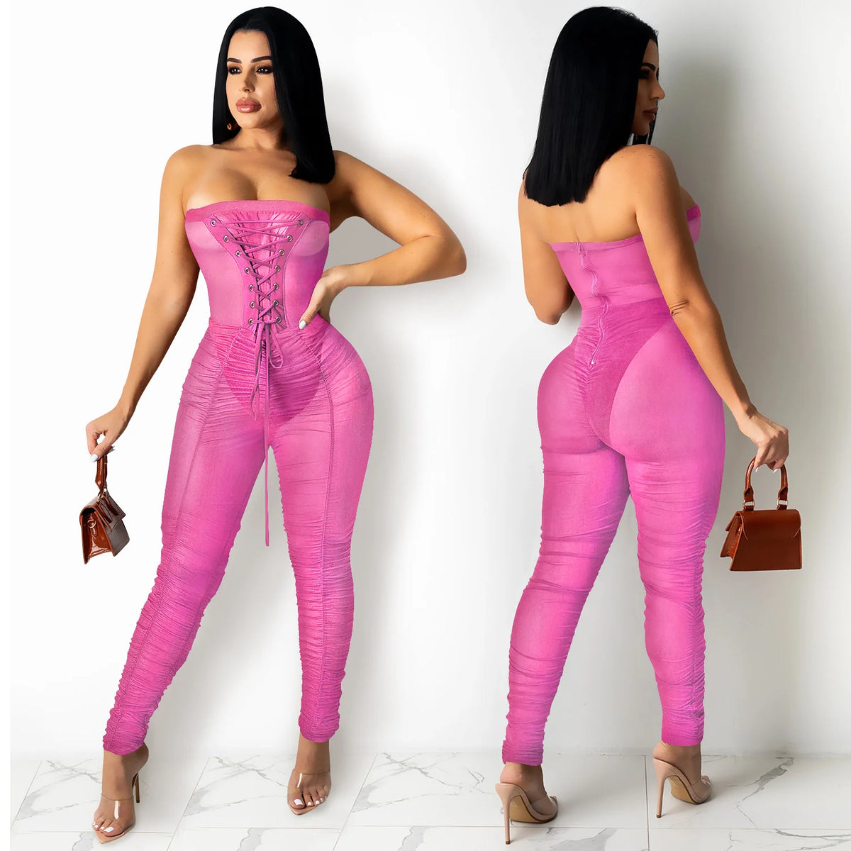 Jumpsuit With Sexy Perspective Wrapped With Long Pants