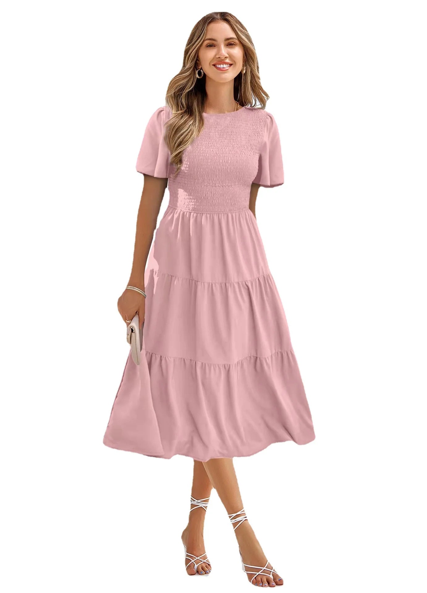 Slim Waist Swing Dress Spring And Summer Round Collar Wrap Around The Holiday Skirt