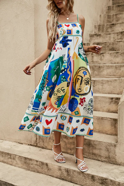 Sling Graffiti Printed Sleeveless Train Dress