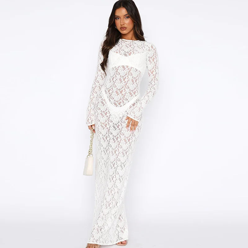 Black And White Lace Dress With Long Skirt