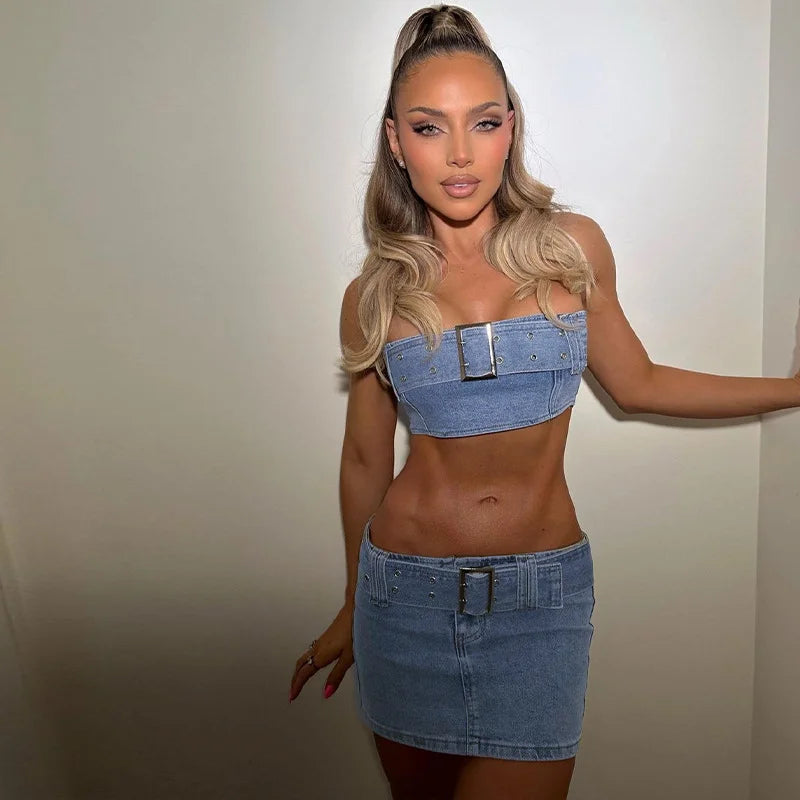 Fashionable Sexy Denim Bandeau Slim Skirt