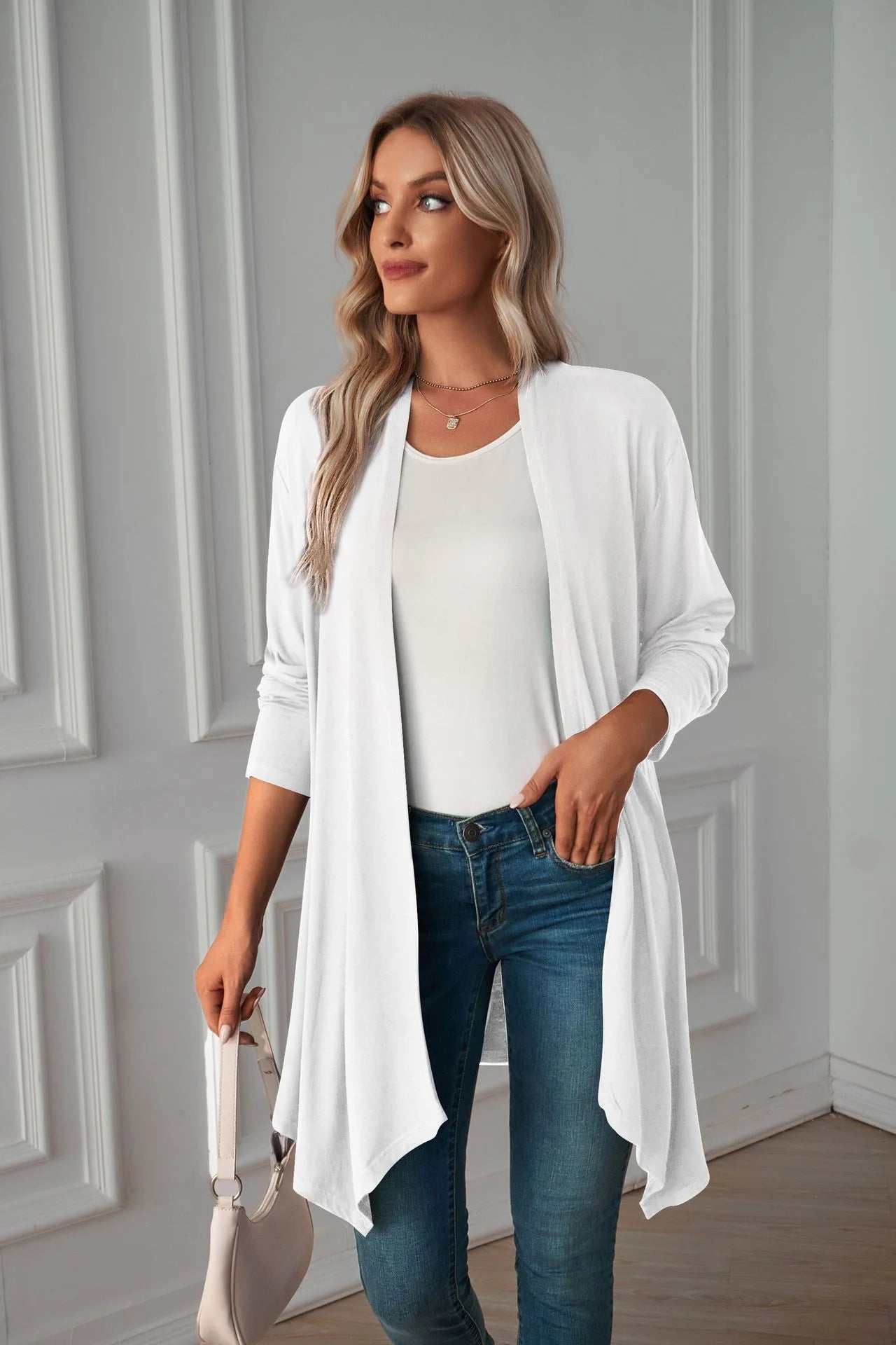 Pure Color Long Sleeved Cardigan Coat Long Blouse Woman