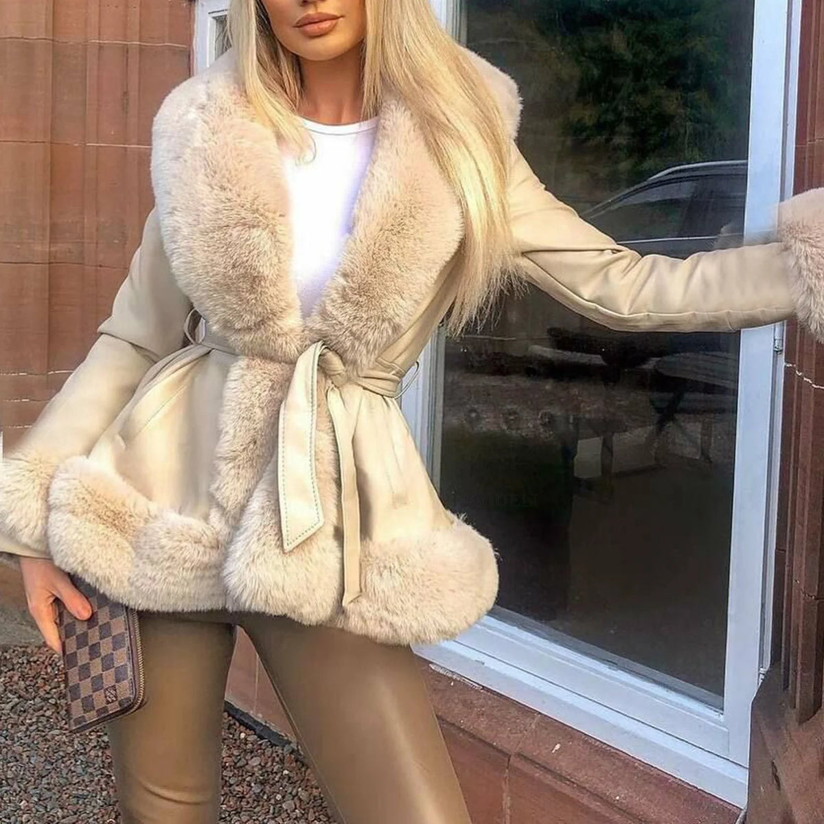PU Fur Big Collar Tie Waist Leather Jacket