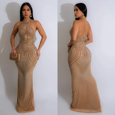 Mesh Hot Diamond Hanging Neck Long Dress