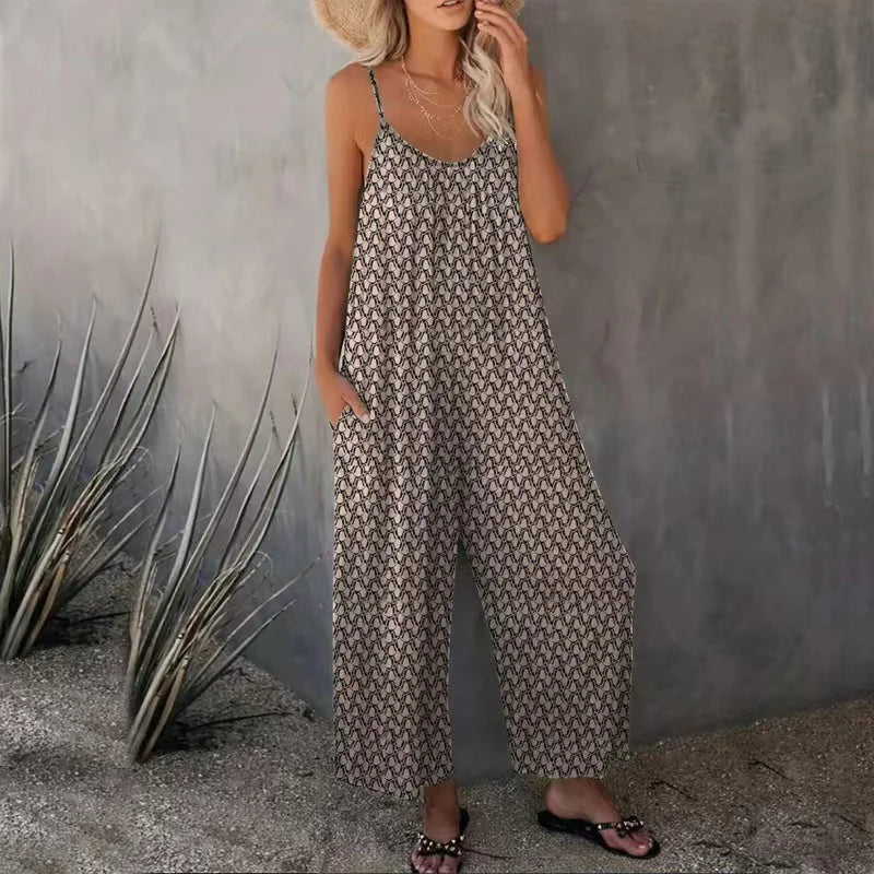 Print Casual Sleeveless Loose Wide Leg Jumpsuit For Summer