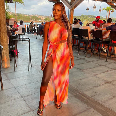 Summer Fashion Sexy Slanted Shoulder Cut Out Slim Slit Print Dress