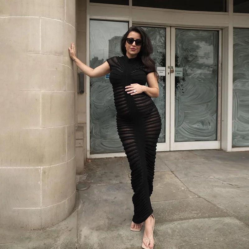 Long Dress Sexy Short Sleeve Knitted High Neck High Waist Long Tight Dress