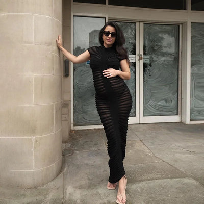 Long Dress Sexy Short Sleeve Knitted High Neck High Waist Long Tight Dress