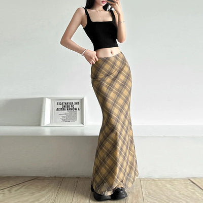 Women’s Solid Color Slim Hip Street Fashion High Waisted Checked Skirt