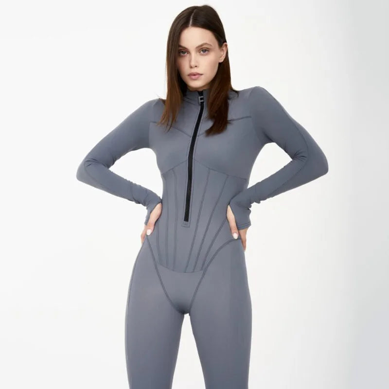 Sexy Tight Zipper One Piece Style Long Sleeve Round Neck Leggings