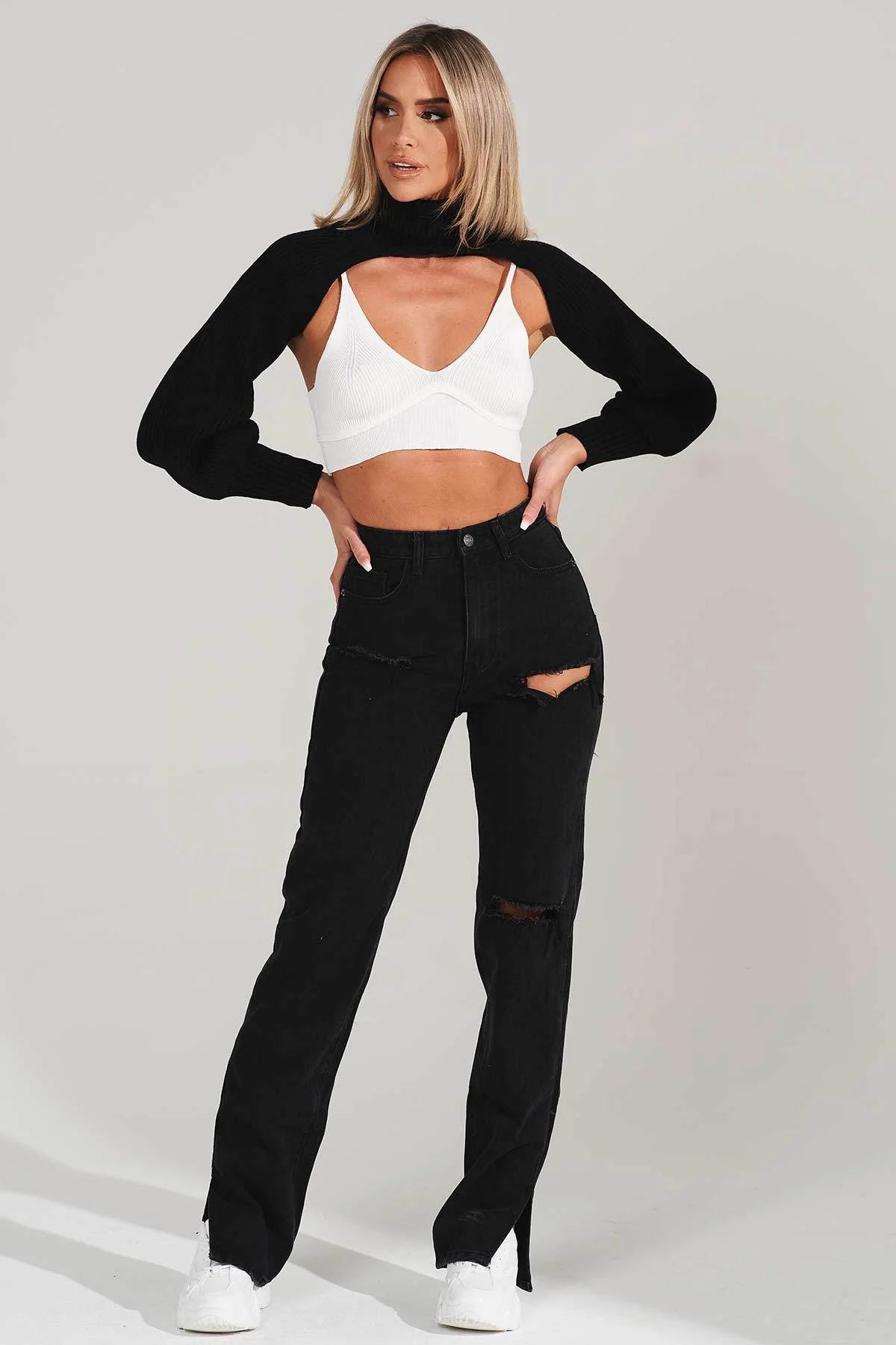 Hipster Straight Leg Jean Pants with Slit