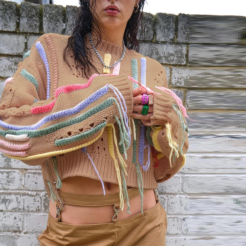 Knitwear Color Blocked Tassels Versatile Casual Sweater
