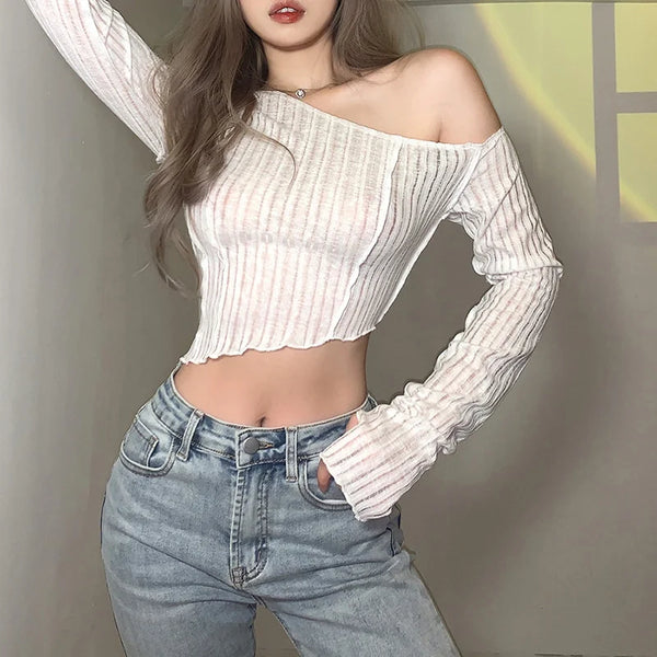 Slanted Shoulders Long Sleeve Top T-Shirt