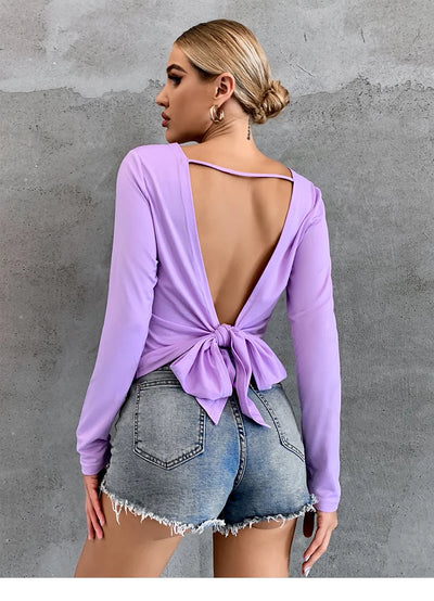 Shirt With Bottom Cover Tie Up T-Shirt Long Sleeved Knit Sweater