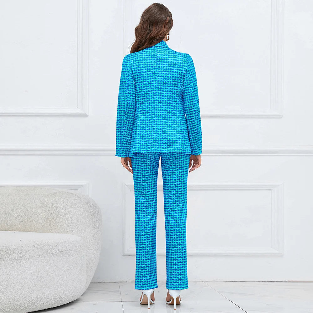 Double Breasted Houndstooth Suit Jacket And Slim Straight Trousers Suit Explosion